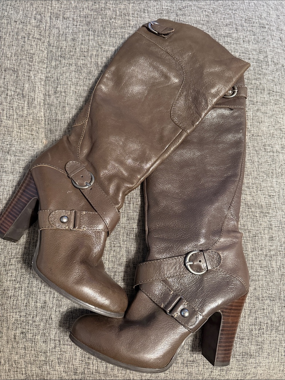 Nine West Brown Leather Mid-Calf Heeled Boots with Buckle